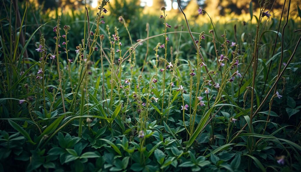 A lush, overgrown garden filled with a diverse array of weeds, their delicate stems and vibrant foliage swaying gently in the warm breeze. In the foreground, a carpet of verdant ground cover, its intricate patterns and textures creating a visually captivating scene. Interspersed throughout, clusters of tall, slender weeds with delicate flowers in shades of purple, yellow, and white, their petals dancing as if in celebration of their resilience. In the middle ground, a tangle of vines and trailing plants, their sinuous forms creating a sense of depth and complexity. The background is softly blurred, hinting at a verdant backdrop of mature trees and shrubs, casting a warm, golden glow over the entire composition. The overall mood is one of wild, untamed beauty, a testament to the resilience and adaptability of the natural world. A lush, overgrown garden filled with a diverse array of weeds, their delicate stems and vibrant foliage swaying gently in the warm breeze. In the foreground, a carpet of verdant ground cover, its intricate patterns and textures creating a visually captivating scene. Interspersed throughout, clusters of tall, slender weeds with delicate flowers in shades of purple, yellow, and white, their petals dancing as if in celebration of their resilience. In the middle ground, a tangle of vines and trailing plants, their sinuous forms creating a sense of depth and complexity. The background is softly blurred, hinting at a verdant backdrop of mature trees and shrubs, casting a warm, golden glow over the entire composition. The overall mood is one of wild, untamed beauty, a testament to the resilience and adaptability of the natural world.