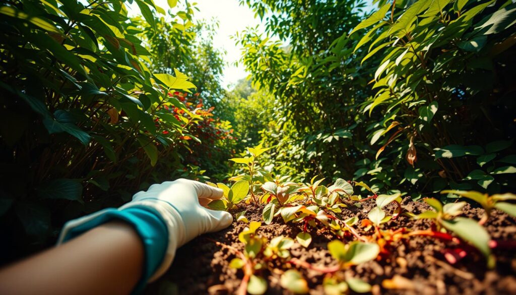 A lush, overgrown garden overflowing with vibrant foliage. In the foreground, a pair of gloved hands gently pulling away excess leaves and stems, revealing the underlying soil. Warm, natural lighting filters through the canopy, casting a soft glow on the scene. The camera angle is low, drawing the viewer into the action, emphasizing the careful curation and rejuvenation process. The mood is one of mindful restoration, a tranquil oasis amidst the chaos. The image conveys the essence of the "Did you accidentally over-fertilize emergency recovery guide" section, visually guiding the viewer through the steps of thoughtful plant restoration.