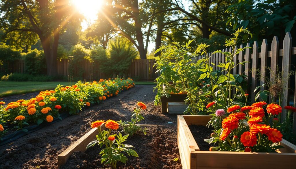 A lush, sun-dappled backyard garden, with rows of vibrant marigolds and tomato plants thriving side by side. In the foreground, a wooden garden box, its soil freshly tilled, invites the viewer to plant their own experimental plot. Overhead, a warm golden light filters through the canopy of leafy trees, casting a soft, inviting glow over the scene. In the middle ground, neatly staked tomato vines stretch towards the sky, their bright green leaves rustling in a gentle breeze. Surrounding the garden, a picket fence frames the idyllic setting, hinting at the care and attention lavished upon this bountiful backyard sanctuary. The overall mood is one of tranquility, curiosity, and the promise of a bountiful harvest. A lush, sun-dappled backyard garden, with rows of vibrant marigolds and tomato plants thriving side by side. In the foreground, a wooden garden box, its soil freshly tilled, invites the viewer to plant their own experimental plot. Overhead, a warm golden light filters through the canopy of leafy trees, casting a soft, inviting glow over the scene. In the middle ground, neatly staked tomato vines stretch towards the sky, their bright green leaves rustling in a gentle breeze. Surrounding the garden, a picket fence frames the idyllic setting, hinting at the care and attention lavished upon this bountiful backyard sanctuary. The overall mood is one of tranquility, curiosity, and the promise of a bountiful harvest.