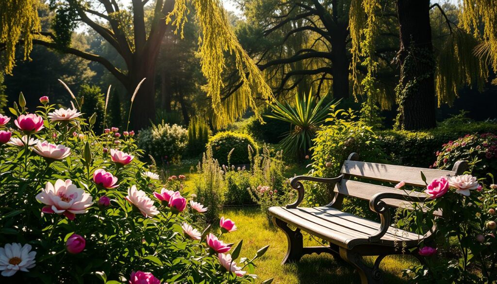 A lush, sun-dappled garden awash in golden light. In the foreground, a verdant tapestry of blooming flowers - vibrant peonies, delicate lilies, and cascading vines. The middle ground reveals a weathered wooden bench, inviting one to pause and bask in the serene tranquility. In the background, towering trees sway gently, their branches casting soft, dappled shadows across the scene. The air is thick with the heady scent of flowers and the gentle hum of buzzing insects. A sense of profound wonder and gratitude permeates the tableau, drawing the viewer into a quiet contemplation of nature's bountiful gifts. A lush, sun-dappled garden awash in golden light. In the foreground, a verdant tapestry of blooming flowers - vibrant peonies, delicate lilies, and cascading vines. The middle ground reveals a weathered wooden bench, inviting one to pause and bask in the serene tranquility. In the background, towering trees sway gently, their branches casting soft, dappled shadows across the scene. The air is thick with the heady scent of flowers and the gentle hum of buzzing insects. A sense of profound wonder and gratitude permeates the tableau, drawing the viewer into a quiet contemplation of nature's bountiful gifts.