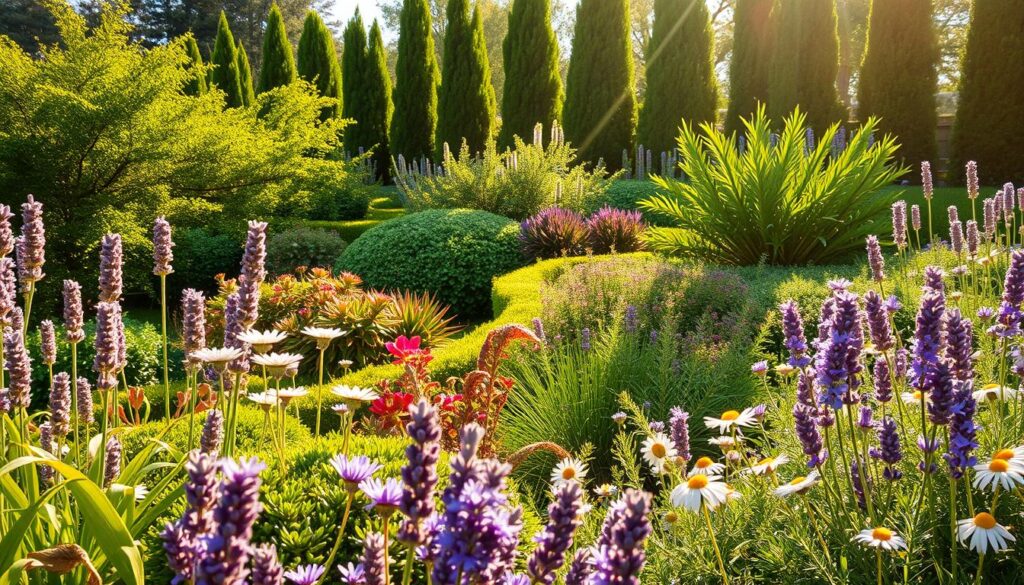 A lush, sun-dappled garden bursting with allergy-friendly plants. In the foreground, a vibrant assortment of low-pollen perennials and annuals, including delicate lavender, soft-petaled chamomile, and fragrant rosemary. The middle ground features a mix of verdant, low-maintenance shrubs like sumac and oakleaf hydrangea, their leaves gently rustling in a light breeze. In the background, a backdrop of towering, columnar evergreens like junipers and arborvitae, creating a serene, calming atmosphere. The scene is illuminated by warm, golden natural lighting, captured with a wide-angle lens to showcase the harmonious, allergy-friendly landscape. A lush, sun-dappled garden bursting with allergy-friendly plants. In the foreground, a vibrant assortment of low-pollen perennials and annuals, including delicate lavender, soft-petaled chamomile, and fragrant rosemary. The middle ground features a mix of verdant, low-maintenance shrubs like sumac and oakleaf hydrangea, their leaves gently rustling in a light breeze. In the background, a backdrop of towering, columnar evergreens like junipers and arborvitae, creating a serene, calming atmosphere. The scene is illuminated by warm, golden natural lighting, captured with a wide-angle lens to showcase the harmonious, allergy-friendly landscape.