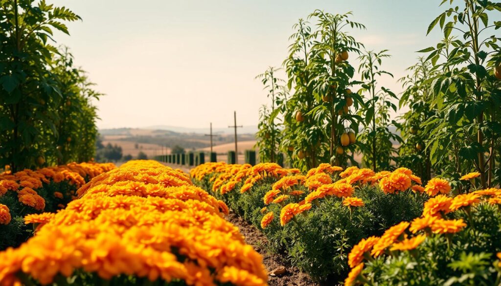 A lush, sun-drenched garden plot unfolds, meticulously planned with vibrant marigolds and bountiful tomato plants. In the foreground, rows of marigolds in shades of gold and orange create a captivating border, their petals gently swaying in the warm breeze. In the middle ground, tall tomato plants stand tall, their green foliage and ripening fruit basking in the golden sunlight. In the background, a picturesque landscape of rolling hills and a cloudless sky sets the scene, lending a sense of tranquility and abundance. The overall composition conveys a harmonious, well-designed garden, ready to thrive under the optimal conditions of full sun exposure. A lush, sun-drenched garden plot unfolds, meticulously planned with vibrant marigolds and bountiful tomato plants. In the foreground, rows of marigolds in shades of gold and orange create a captivating border, their petals gently swaying in the warm breeze. In the middle ground, tall tomato plants stand tall, their green foliage and ripening fruit basking in the golden sunlight. In the background, a picturesque landscape of rolling hills and a cloudless sky sets the scene, lending a sense of tranquility and abundance. The overall composition conveys a harmonious, well-designed garden, ready to thrive under the optimal conditions of full sun exposure.