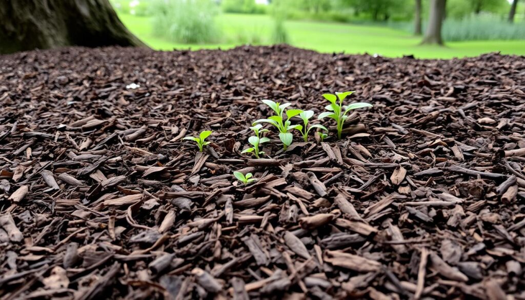 A lush, textured bed of rich, dark brown mulch covers the foreground, its organic shapes and varied textures creating a cozy, natural atmosphere. The mulch is evenly distributed, creating a smooth, inviting surface that contrasts with the vibrant green plants emerging from it. Soft, diffused lighting from above casts gentle shadows, accentuating the depth and depth of the mulch layer. The mid-ground features a mix of leafy plants and small, delicate seedlings, their colors and forms complementing the earthy tones of the mulch. In the background, a blurred, natural landscape provides a serene, verdant backdrop, hinting at the larger ecosystem this micro-forest is a part of. A lush, textured bed of rich, dark brown mulch covers the foreground, its organic shapes and varied textures creating a cozy, natural atmosphere. The mulch is evenly distributed, creating a smooth, inviting surface that contrasts with the vibrant green plants emerging from it. Soft, diffused lighting from above casts gentle shadows, accentuating the depth and depth of the mulch layer. The mid-ground features a mix of leafy plants and small, delicate seedlings, their colors and forms complementing the earthy tones of the mulch. In the background, a blurred, natural landscape provides a serene, verdant backdrop, hinting at the larger ecosystem this micro-forest is a part of.