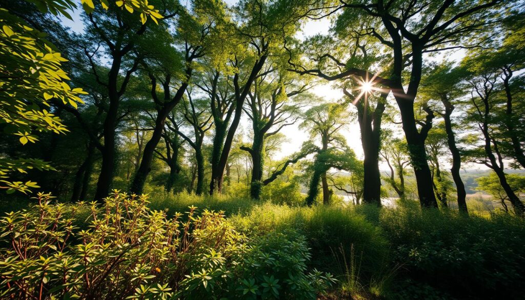 A lush, thriving Miyawaki forest in a sun-dappled clearing, captured through a medium-wide lens. In the foreground, a diverse array of native shrubs and plants, their leaves gently swaying in a gentle breeze. The middle ground reveals a dense canopy of towering trees, their branches intertwined, creating a verdant, cathedral-like atmosphere. Beams of warm, golden light filter through the foliage, casting a serene, contemplative mood. The background fades into a soft, hazy horizon, hinting at the boundless potential of this self-sustaining ecosystem. This image encapsulates the dynamic growth, burgeoning biodiversity, and profound climate benefits of the Miyawaki method, all within a compact, thriving urban oasis. A lush, thriving Miyawaki forest in a sun-dappled clearing, captured through a medium-wide lens. In the foreground, a diverse array of native shrubs and plants, their leaves gently swaying in a gentle breeze. The middle ground reveals a dense canopy of towering trees, their branches intertwined, creating a verdant, cathedral-like atmosphere. Beams of warm, golden light filter through the foliage, casting a serene, contemplative mood. The background fades into a soft, hazy horizon, hinting at the boundless potential of this self-sustaining ecosystem. This image encapsulates the dynamic growth, burgeoning biodiversity, and profound climate benefits of the Miyawaki method, all within a compact, thriving urban oasis.