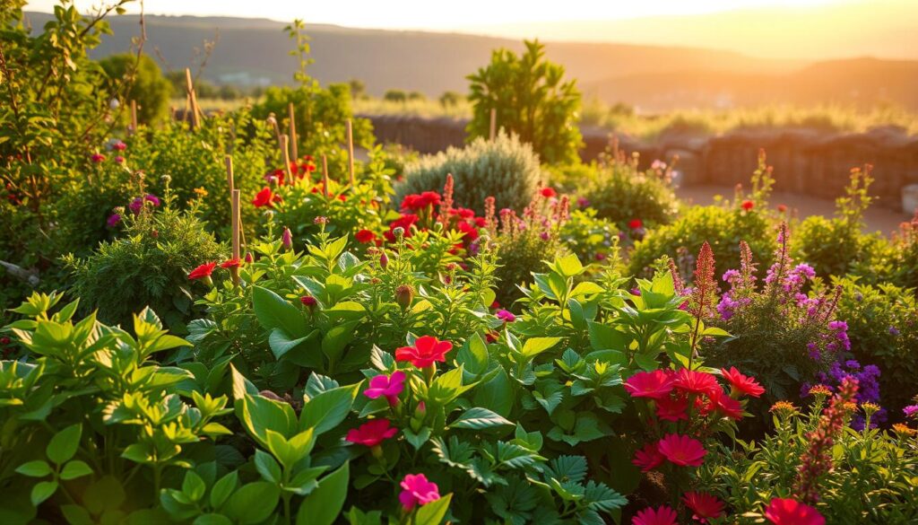 A lush, thriving garden featuring an assortment of vibrant plants perfectly suited to the local climate and available space. In the foreground, an array of verdant foliage and colorful blooms in harmony with the surrounding environment. In the middle ground, carefully selected shrubs and small trees providing depth and structure. The background showcases a natural landscape, perhaps with rolling hills or a distant horizon, bathed in warm, golden sunlight that casts a gentle glow over the entire scene. The overall composition conveys a sense of balance, sustainability, and a deep connection between the garden and its natural setting. A lush, thriving garden featuring an assortment of vibrant plants perfectly suited to the local climate and available space. In the foreground, an array of verdant foliage and colorful blooms in harmony with the surrounding environment. In the middle ground, carefully selected shrubs and small trees providing depth and structure. The background showcases a natural landscape, perhaps with rolling hills or a distant horizon, bathed in warm, golden sunlight that casts a gentle glow over the entire scene. The overall composition conveys a sense of balance, sustainability, and a deep connection between the garden and its natural setting.