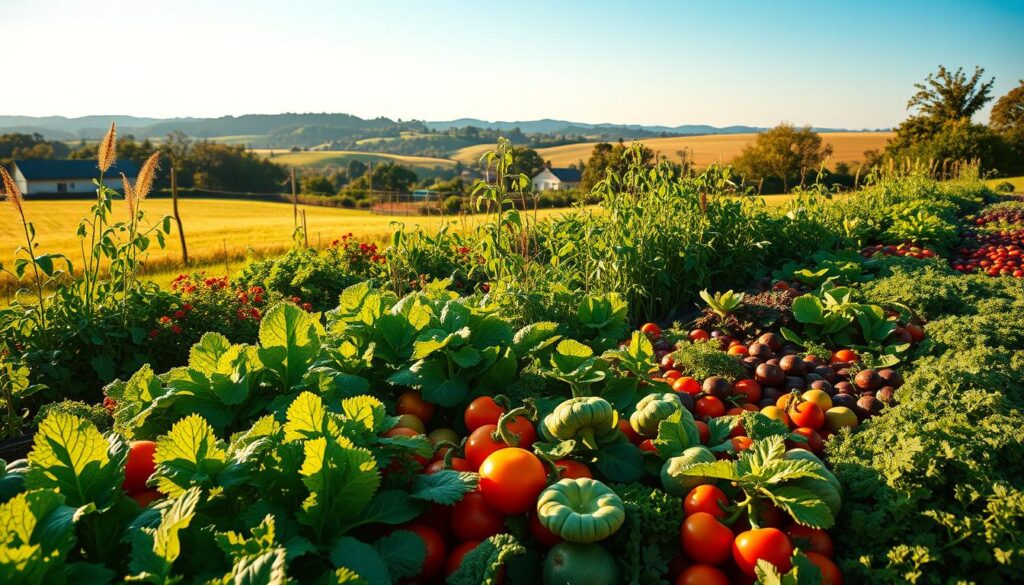 A lush, thriving garden scene captured in warm natural light. In the foreground, a diverse array of vibrant vegetables and herbs arranged in a visually striking pattern, representing the principles of crop rotation. The middle ground showcases healthy, intertwined plants, their leaves and tendrils gently swaying. In the background, a picturesque landscape of rolling hills, a clear blue sky, and the soft silhouettes of trees. The overall composition conveys a sense of harmony, balance, and the restorative power of nature's cycles. Detailed, high-resolution, photorealistic, cinematic lighting, wide-angle lens. A lush, thriving garden scene captured in warm natural light. In the foreground, a diverse array of vibrant vegetables and herbs arranged in a visually striking pattern, representing the principles of crop rotation. The middle ground showcases healthy, intertwined plants, their leaves and tendrils gently swaying. In the background, a picturesque landscape of rolling hills, a clear blue sky, and the soft silhouettes of trees. The overall composition conveys a sense of harmony, balance, and the restorative power of nature's cycles. Detailed, high-resolution, photorealistic, cinematic lighting, wide-angle lens.