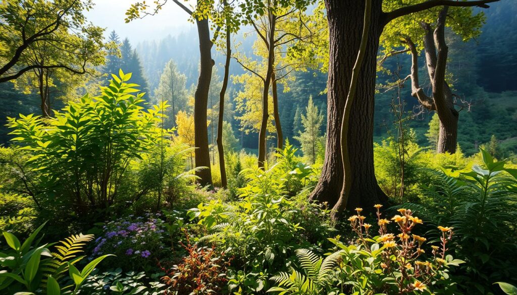 A lush, thriving micro-forest in a 10x10 foot enclosed space. The foreground features a diverse array of native shrubs, ferns, and wildflowers, their verdant foliage swaying gently in a warm breeze. In the middle ground, slender young trees reach upward, their trunks wrapped in rich, textured bark. Dappled sunlight filters through the canopy above, casting a warm, golden glow across the scene. In the background, the surrounding forest gradually fades into soft, hazy layers of greens and blues. An atmosphere of peaceful, self-sustaining growth permeates the image, reflecting the remarkable transformation that can occur in just three years of careful tending. A lush, thriving micro-forest in a 10x10 foot enclosed space. The foreground features a diverse array of native shrubs, ferns, and wildflowers, their verdant foliage swaying gently in a warm breeze. In the middle ground, slender young trees reach upward, their trunks wrapped in rich, textured bark. Dappled sunlight filters through the canopy above, casting a warm, golden glow across the scene. In the background, the surrounding forest gradually fades into soft, hazy layers of greens and blues. An atmosphere of peaceful, self-sustaining growth permeates the image, reflecting the remarkable transformation that can occur in just three years of careful tending.