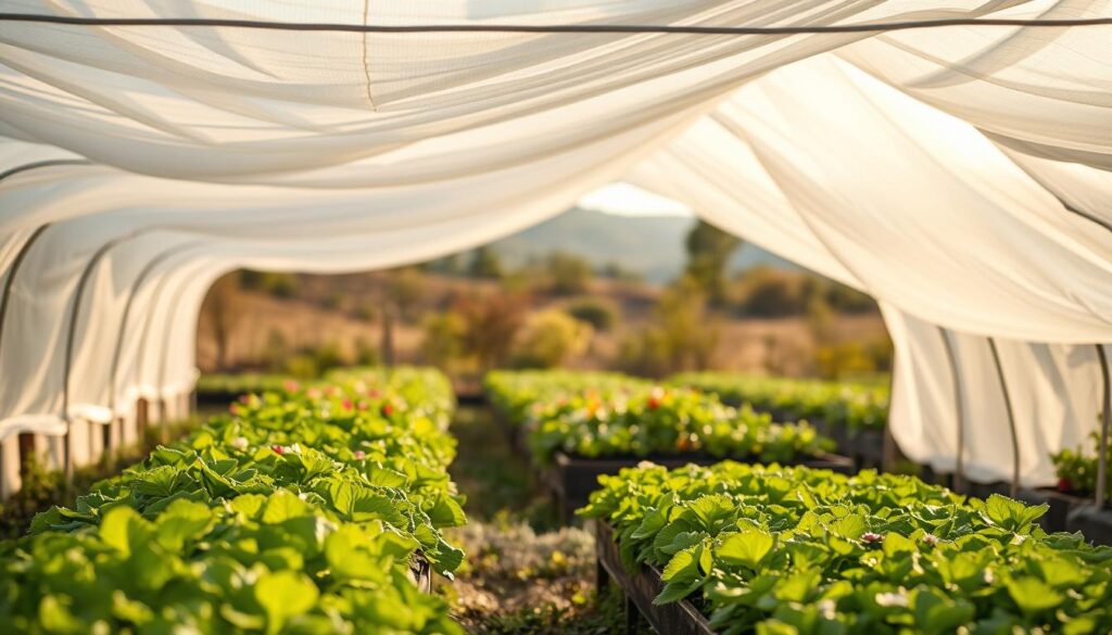 A lush vegetable garden lies under a canopy of floating white row covers, gently billowing in a soft breeze. The covers stretch across raised beds, shielding tender plants from hungry pests. Warm afternoon sunlight filters through the translucent fabric, casting a gentle glow over the scene. In the foreground, vibrant green leaves and colorful flowers peek out from beneath the protective layers. The middle ground features rows of thriving plants, while the background fades into a hazy, out-of-focus landscape. The serene, natural atmosphere conveys the idea of an effective, pesticide-free barrier that allows plants to thrive. A lush vegetable garden lies under a canopy of floating white row covers, gently billowing in a soft breeze. The covers stretch across raised beds, shielding tender plants from hungry pests. Warm afternoon sunlight filters through the translucent fabric, casting a gentle glow over the scene. In the foreground, vibrant green leaves and colorful flowers peek out from beneath the protective layers. The middle ground features rows of thriving plants, while the background fades into a hazy, out-of-focus landscape. The serene, natural atmosphere conveys the idea of an effective, pesticide-free barrier that allows plants to thrive.