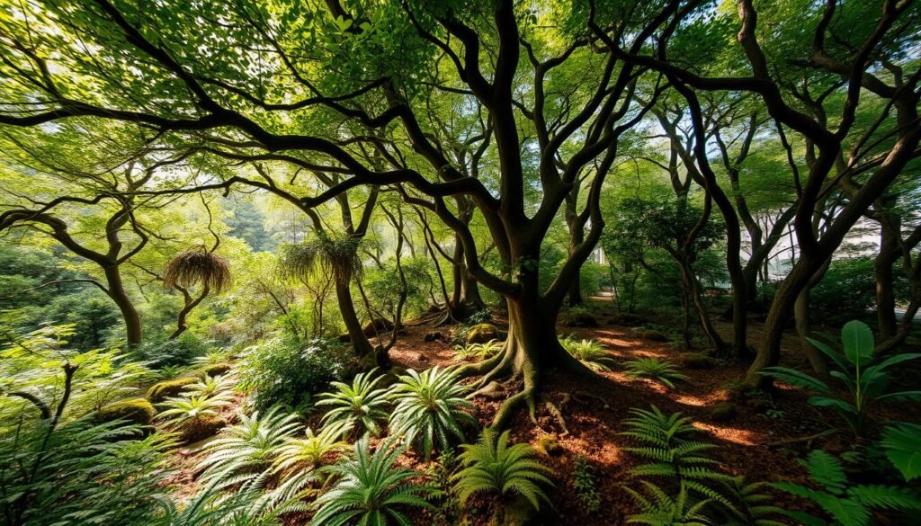 A lush, verdant Miyawaki-style micro-forest thrives in a compact 10x10 foot space. The canopy of diverse, densely packed native trees and shrubs casts dappled light onto the rich, loamy forest floor below. Delicate ferns and mosses carpet the ground, creating an enchanting, primeval atmosphere. The scene is bathed in soft, warm lighting that accentuates the vibrant greens and earthy tones. A wide-angle lens captures the entirety of this miniature ecosystem, conveying a sense of dense, self-sustaining abundance within a limited urban footprint. A lush, verdant Miyawaki-style micro-forest thrives in a compact 10x10 foot space. The canopy of diverse, densely packed native trees and shrubs casts dappled light onto the rich, loamy forest floor below. Delicate ferns and mosses carpet the ground, creating an enchanting, primeval atmosphere. The scene is bathed in soft, warm lighting that accentuates the vibrant greens and earthy tones. A wide-angle lens captures the entirety of this miniature ecosystem, conveying a sense of dense, self-sustaining abundance within a limited urban footprint.