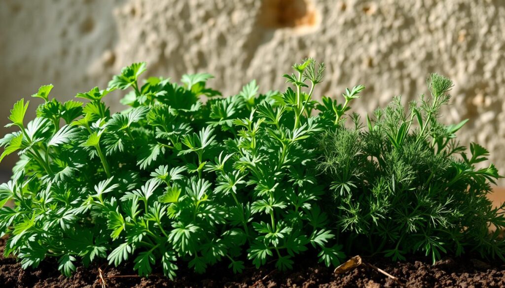 A lush, verdant arrangement of cool-season herbs - cilantro, parsley, and dill - thriving in a softly lit, shaded environment. The plants are meticulously detailed, their delicate leaves and stems casting gentle shadows across a natural, earthy backdrop. Soft, diffused light filters through the scene, creating a serene, contemplative atmosphere. The composition is balanced and harmonious, with the herbs occupying the foreground and middle ground, while the background seamlessly blends into a subtly textured, muted palette. The overall impression is one of tranquility and the quiet resilience of these shade-loving Apiaceae herbs. A lush, verdant arrangement of cool-season herbs - cilantro, parsley, and dill - thriving in a softly lit, shaded environment. The plants are meticulously detailed, their delicate leaves and stems casting gentle shadows across a natural, earthy backdrop. Soft, diffused light filters through the scene, creating a serene, contemplative atmosphere. The composition is balanced and harmonious, with the herbs occupying the foreground and middle ground, while the background seamlessly blends into a subtly textured, muted palette. The overall impression is one of tranquility and the quiet resilience of these shade-loving Apiaceae herbs.