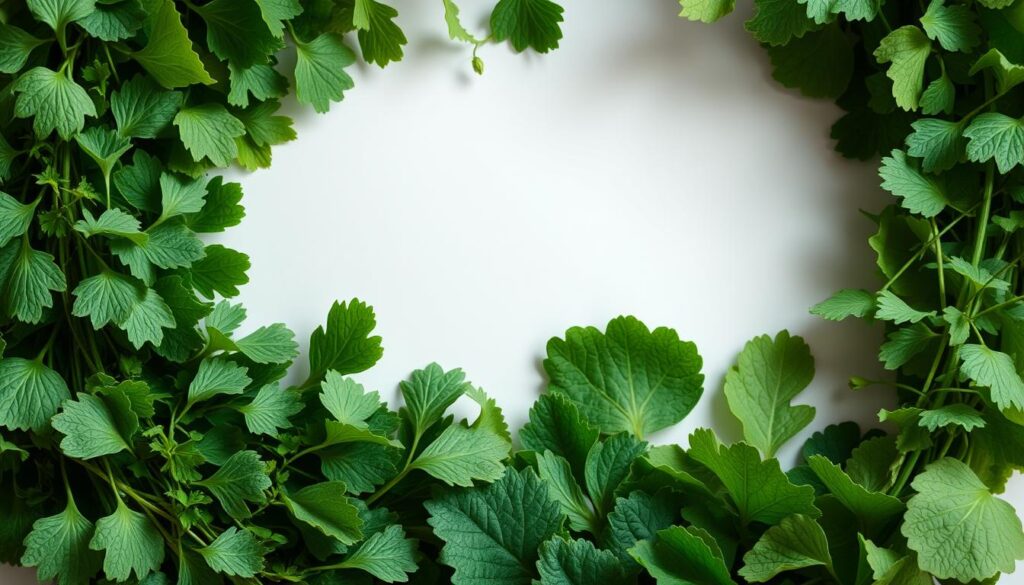 A lush, verdant arrangement of edible leaves, meticulously arranged against a clean, neutral backdrop. The leaves, in shades of vibrant green, gently cascade, their delicate textures and intricate veining visible under soft, natural lighting. The composition is balanced, with a sense of depth and dimension, inviting the viewer to closely examine the safety and preparation of these edible botanical wonders. The image conveys a sense of calm, clarity, and attention to detail, reflecting the care and caution required when working with unfamiliar plant life in the kitchen.