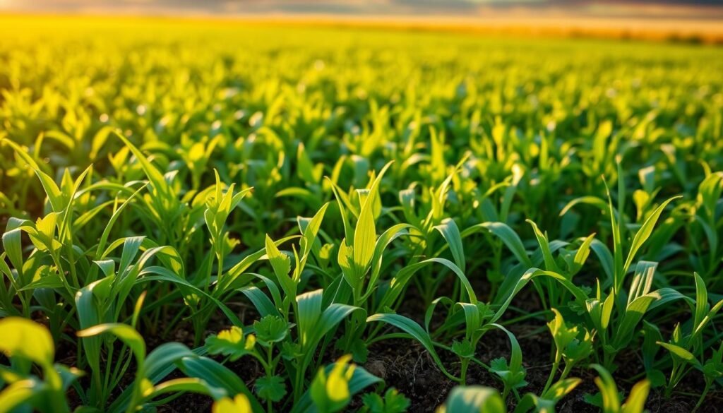 A lush, verdant cover crop field in warm, golden afternoon light. The foreground features a close-up view of the soil surface, with vibrant green plants intertwined, their leaves and stems cascading down. The middle ground shows the cover crops in full bloom, their varied hues and textures creating a harmonious tapestry. In the background, the horizon is blurred, but hints at a pastoral landscape, perhaps with a distant fence or tree line. The overall mood is one of natural abundance and the promise of a thriving, healthy soil ecosystem. A lush, verdant cover crop field in warm, golden afternoon light. The foreground features a close-up view of the soil surface, with vibrant green plants intertwined, their leaves and stems cascading down. The middle ground shows the cover crops in full bloom, their varied hues and textures creating a harmonious tapestry. In the background, the horizon is blurred, but hints at a pastoral landscape, perhaps with a distant fence or tree line. The overall mood is one of natural abundance and the promise of a thriving, healthy soil ecosystem.