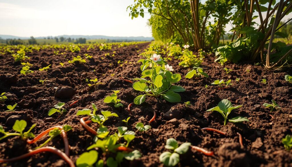 A lush, verdant field in the height of summer. The soil is dark, rich, and teeming with life. Delicate root systems spread outward, nourishing a diverse array of plants and vegetation. Sunlight filters through the canopy, casting a warm, golden glow over the scene. In the foreground, earthworms and beneficial insects burrow and crawl, indicators of a thriving, balanced ecosystem. The middle ground showcases a variety of healthy, robust crops - vibrant greens, vibrant flowers, and lush foliage. In the distance, rolling hills and a cloudless sky complete the picturesque, idyllic landscape, embodying the essence of season-long soil health and vitality. A lush, verdant field in the height of summer. The soil is dark, rich, and teeming with life. Delicate root systems spread outward, nourishing a diverse array of plants and vegetation. Sunlight filters through the canopy, casting a warm, golden glow over the scene. In the foreground, earthworms and beneficial insects burrow and crawl, indicators of a thriving, balanced ecosystem. The middle ground showcases a variety of healthy, robust crops - vibrant greens, vibrant flowers, and lush foliage. In the distance, rolling hills and a cloudless sky complete the picturesque, idyllic landscape, embodying the essence of season-long soil health and vitality.