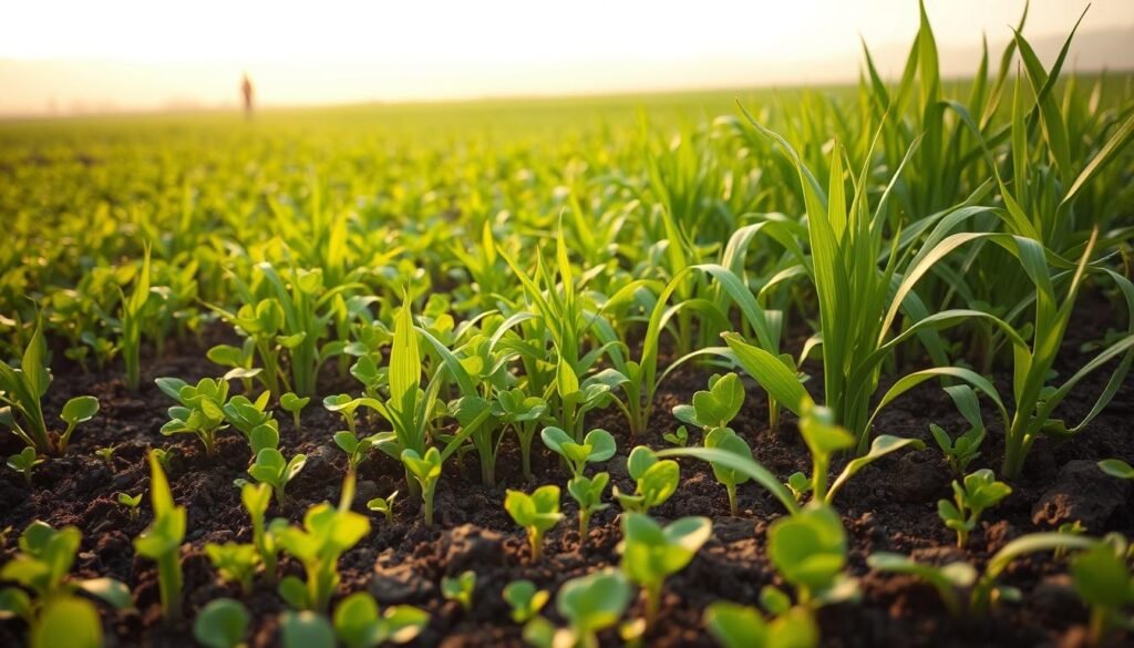 A lush, verdant field of cover crops, their vibrant green leaves and stems covering the soil in a dense, healthy carpet. In the foreground, the soil texture is visible, rich and dark, teeming with microbial life. Mid-ground, the cover crops sway gently in a soft breeze, their intricate root systems anchoring the earth. In the background, a hazy, golden-hued horizon suggests warm, nourishing sunlight. The scene is captured with a crisp, documentary-style lens, emphasizing the natural, earthy tones and the sense of abundance and vitality in the soil. A lush, verdant field of cover crops, their vibrant green leaves and stems covering the soil in a dense, healthy carpet. In the foreground, the soil texture is visible, rich and dark, teeming with microbial life. Mid-ground, the cover crops sway gently in a soft breeze, their intricate root systems anchoring the earth. In the background, a hazy, golden-hued horizon suggests warm, nourishing sunlight. The scene is captured with a crisp, documentary-style lens, emphasizing the natural, earthy tones and the sense of abundance and vitality in the soil.
