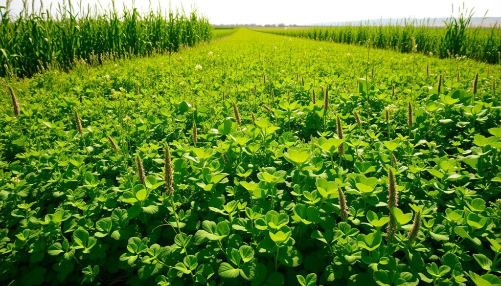 A lush, verdant field of diverse green manure plants, their vibrant foliage swaying gently in the warm sunlight. In the foreground, thick mats of clover and vetch intertwine, their delicate flowers adding pops of color. Towering behind them, rows of tall, leafy plants like buckwheat and phacelia reach up towards the sky, casting soft shadows on the ground below. The middle ground is a tapestry of varied shapes and textures, with the deep green of nutrient-fixing legumes mingling with the lighter hues of dynamic accumulator plants. In the distance, a hazy horizon frames the scene, conveying a sense of abundance and fertile potential. The overall mood is one of natural harmony, showcasing the diversity and vitality of this living, soil-enriching groundcover. A lush, verdant field of diverse green manure plants, their vibrant foliage swaying gently in the warm sunlight. In the foreground, thick mats of clover and vetch intertwine, their delicate flowers adding pops of color. Towering behind them, rows of tall, leafy plants like buckwheat and phacelia reach up towards the sky, casting soft shadows on the ground below. The middle ground is a tapestry of varied shapes and textures, with the deep green of nutrient-fixing legumes mingling with the lighter hues of dynamic accumulator plants. In the distance, a hazy horizon frames the scene, conveying a sense of abundance and fertile potential. The overall mood is one of natural harmony, showcasing the diversity and vitality of this living, soil-enriching groundcover.