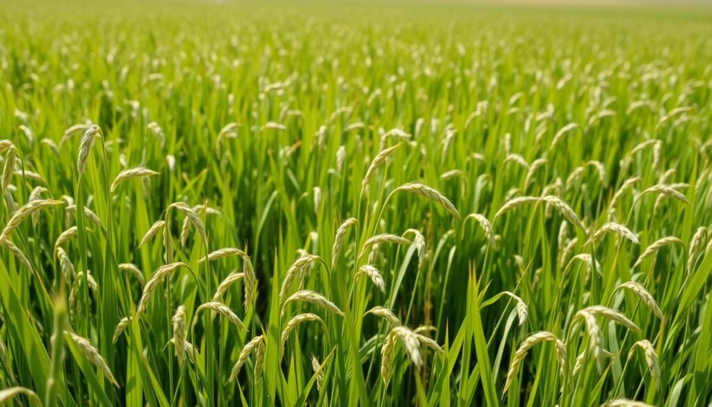 A lush, verdant field of oats and peas, their slender stalks swaying gently in the breeze. The cover crop forms a dense, layered tapestry, with the vibrant green foliage of the peas contrasting beautifully against the golden hues of the oat panicles. Sunlight filters through the canopy, casting a warm, natural glow that illuminates the scene. In the foreground, individual plants are clearly visible, their delicate leaves and stems rendered with precision. The middle ground is a tapestry of overlapping shapes and textures, creating a sense of depth and movement. The background fades into a softly blurred landscape, allowing the focus to remain on the cover crop. The overall effect is one of harmony, showcasing the lush, verdant potential of this natural fertility-boosting combination. A lush, verdant field of oats and peas, their slender stalks swaying gently in the breeze. The cover crop forms a dense, layered tapestry, with the vibrant green foliage of the peas contrasting beautifully against the golden hues of the oat panicles. Sunlight filters through the canopy, casting a warm, natural glow that illuminates the scene. In the foreground, individual plants are clearly visible, their delicate leaves and stems rendered with precision. The middle ground is a tapestry of overlapping shapes and textures, creating a sense of depth and movement. The background fades into a softly blurred landscape, allowing the focus to remain on the cover crop. The overall effect is one of harmony, showcasing the lush, verdant potential of this natural fertility-boosting combination.
