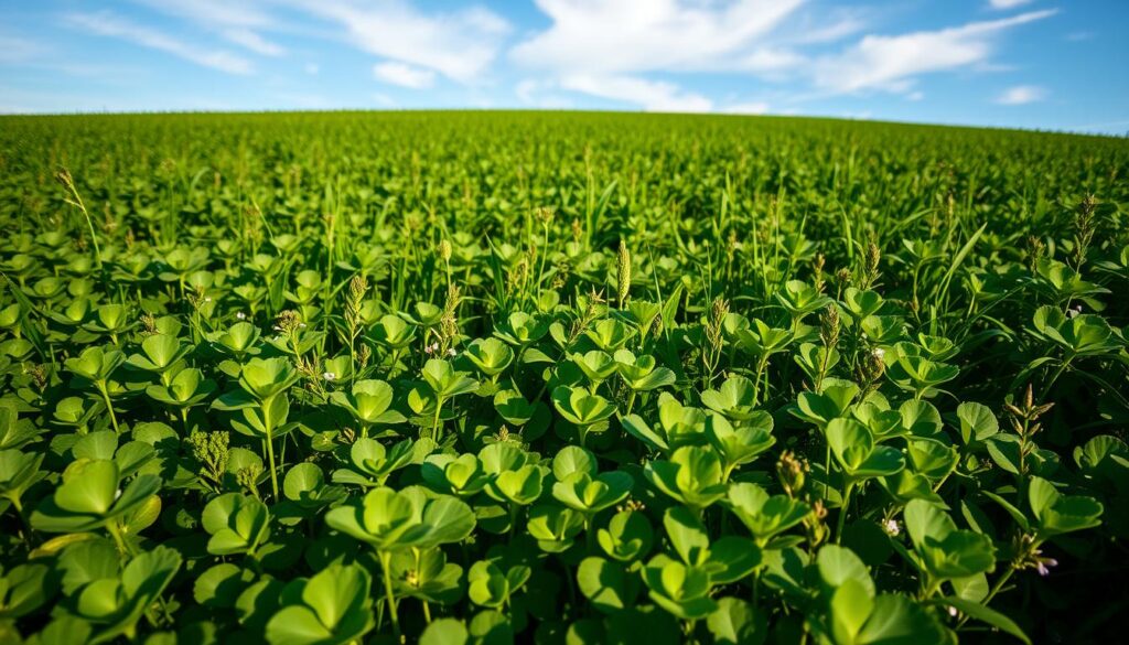 A lush, verdant field of thriving green manure crops, with a diverse mix of legumes, grasses, and brassicas. The foreground features vibrant, deep-green leaves of plants like clover, vetch, and buckwheat, their delicate flowers adding pops of color. The middle ground showcases the full growth and coverage of the plants, their intertwining stems and foliage creating a rich, textured tapestry. In the background, the field gently slopes, leading the eye to a clear, blue sky with wispy clouds. Warm, diffused sunlight bathes the scene, casting a soft, natural glow and highlighting the healthy, robust nature of the green manure crops. The overall composition conveys the vital role these plants play in enriching and nourishing the soil. A lush, verdant field of thriving green manure crops, with a diverse mix of legumes, grasses, and brassicas. The foreground features vibrant, deep-green leaves of plants like clover, vetch, and buckwheat, their delicate flowers adding pops of color. The middle ground showcases the full growth and coverage of the plants, their intertwining stems and foliage creating a rich, textured tapestry. In the background, the field gently slopes, leading the eye to a clear, blue sky with wispy clouds. Warm, diffused sunlight bathes the scene, casting a soft, natural glow and highlighting the healthy, robust nature of the green manure crops. The overall composition conveys the vital role these plants play in enriching and nourishing the soil.