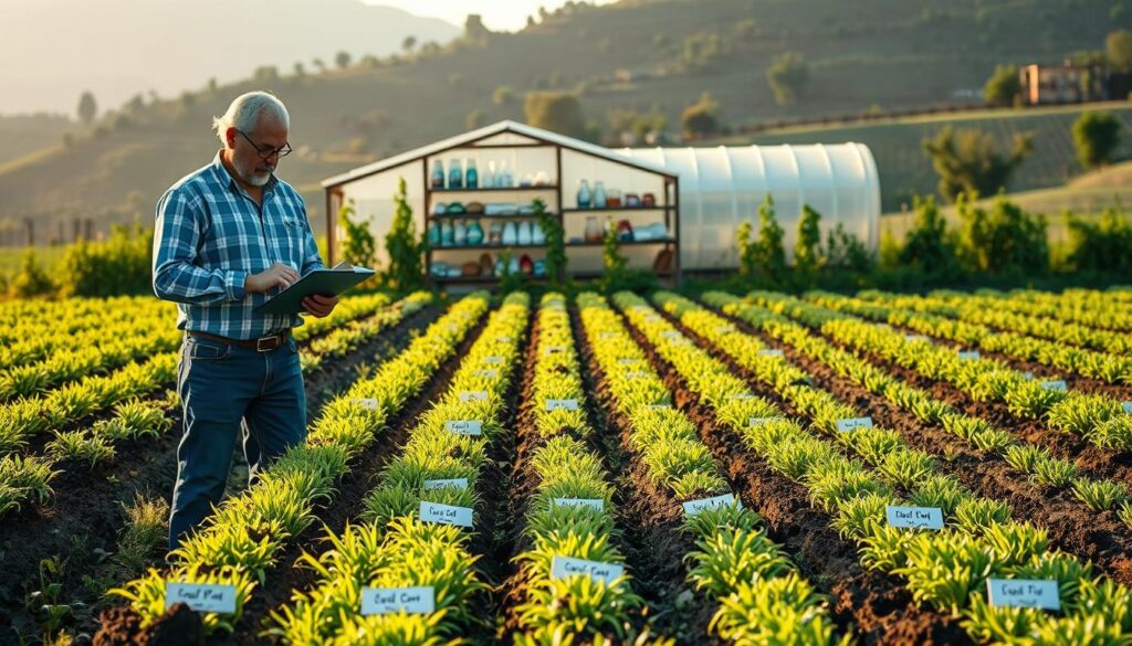 A lush, verdant field with rows of soil samples laid out, each labeled with a different soil type. In the foreground, a farmer holds a clipboard, examining the samples intently. Behind them, a greenhouse-like structure with various amendments and fertilizers neatly arranged on shelves. Soft, warm lighting bathes the scene, creating a sense of diligence and care. In the background, a rolling hillside dotted with thriving trees and plants, hinting at the potential of the transformed soil. The composition conveys a harmonious balance between scientific analysis and practical, hands-on improvement of the land. A lush, verdant field with rows of soil samples laid out, each labeled with a different soil type. In the foreground, a farmer holds a clipboard, examining the samples intently. Behind them, a greenhouse-like structure with various amendments and fertilizers neatly arranged on shelves. Soft, warm lighting bathes the scene, creating a sense of diligence and care. In the background, a rolling hillside dotted with thriving trees and plants, hinting at the potential of the transformed soil. The composition conveys a harmonious balance between scientific analysis and practical, hands-on improvement of the land.
