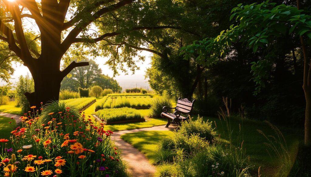 A lush, verdant garden bathed in warm, golden sunlight. The foreground features a meandering path lined with vibrant wildflowers, their petals gently swaying in a light breeze. Towering trees and shrubs create a serene, sheltered canopy overhead, casting dappled shadows across the scene. In the middle ground, a quaint, wooden bench invites one to pause and reflect, surrounded by flourishing herb and vegetable beds. The background showcases a distant horizon, hazy with the promise of more natural beauty to explore. This calming, restorative environment evokes a sense of profound gratitude and mindfulness, inviting the viewer to slow down and appreciate the simple pleasures of the natural world. A lush, verdant garden bathed in warm, golden sunlight. The foreground features a meandering path lined with vibrant wildflowers, their petals gently swaying in a light breeze. Towering trees and shrubs create a serene, sheltered canopy overhead, casting dappled shadows across the scene. In the middle ground, a quaint, wooden bench invites one to pause and reflect, surrounded by flourishing herb and vegetable beds. The background showcases a distant horizon, hazy with the promise of more natural beauty to explore. This calming, restorative environment evokes a sense of profound gratitude and mindfulness, inviting the viewer to slow down and appreciate the simple pleasures of the natural world.