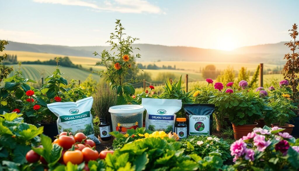 A lush, verdant garden scene showcasing an array of organic fertilizer options. In the foreground, a variety of vegetables, flowers, and potted plants thrive, their vibrant hues accentuated by soft, natural lighting. In the middle ground, a selection of organic fertilizer bags and containers are prominently displayed, their labels and packaging reflecting the high-quality, eco-friendly nature of the products. The background features a serene, pastoral landscape with rolling hills, a clear blue sky, and the warm glow of the sun, creating a sense of tranquility and abundance. The overall composition conveys the importance of choosing the right organic fertilizer to nourish and sustain a healthy, thriving garden. A lush, verdant garden scene showcasing an array of organic fertilizer options. In the foreground, a variety of vegetables, flowers, and potted plants thrive, their vibrant hues accentuated by soft, natural lighting. In the middle ground, a selection of organic fertilizer bags and containers are prominently displayed, their labels and packaging reflecting the high-quality, eco-friendly nature of the products. The background features a serene, pastoral landscape with rolling hills, a clear blue sky, and the warm glow of the sun, creating a sense of tranquility and abundance. The overall composition conveys the importance of choosing the right organic fertilizer to nourish and sustain a healthy, thriving garden.