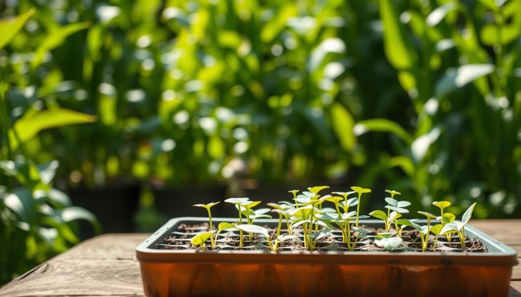 A lush, verdant garden scene with a wooden table in the foreground, upon which rests a tray of young seedlings being gradually exposed to the outdoor elements. Soft, diffused sunlight filters through delicate leaves, casting gentle shadows. In the background, a backdrop of towering green plants, hinting at the vibrant, thriving garden beyond. The composition evokes a sense of nurturing care and the delicate transition of tender seedlings from the protection of the indoors to the resilience of outdoor life. The scene is captured with a shallow depth of field, drawing the viewer's attention to the fragile yet determined seedlings at the center of the frame.