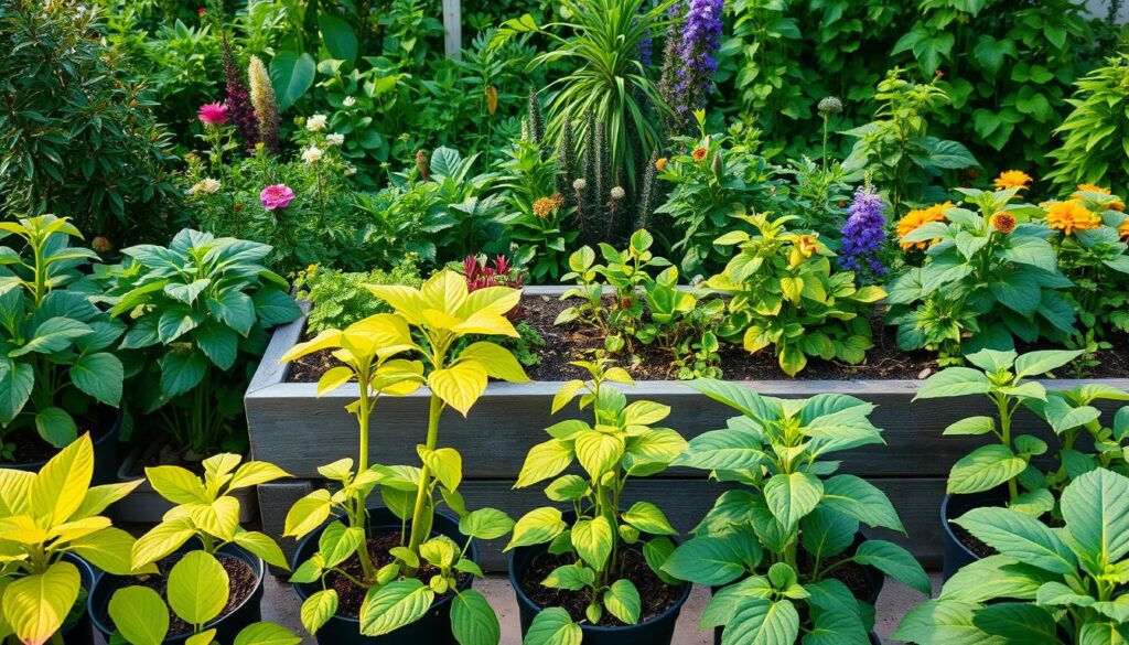 A lush, verdant garden scene with visual signs of nutrient deficiencies in the plants. In the foreground, several potted plants displaying yellowing leaves, stunted growth, and discolored stems. The middle ground features a raised garden bed with a mix of healthy and struggling plants, each conveying distinct nutrient-related issues. The background showcases a vibrant, diverse assortment of thriving flora, creating a sense of contrast. Warm, diffused lighting casts a natural glow, accentuating the textures and colors of the foliage. The composition emphasizes the visual clues that plants provide when their soil lacks essential nutrients, inviting the viewer to closely observe and interpret these signs. A lush, verdant garden scene with visual signs of nutrient deficiencies in the plants. In the foreground, several potted plants displaying yellowing leaves, stunted growth, and discolored stems. The middle ground features a raised garden bed with a mix of healthy and struggling plants, each conveying distinct nutrient-related issues. The background showcases a vibrant, diverse assortment of thriving flora, creating a sense of contrast. Warm, diffused lighting casts a natural glow, accentuating the textures and colors of the foliage. The composition emphasizes the visual clues that plants provide when their soil lacks essential nutrients, inviting the viewer to closely observe and interpret these signs.