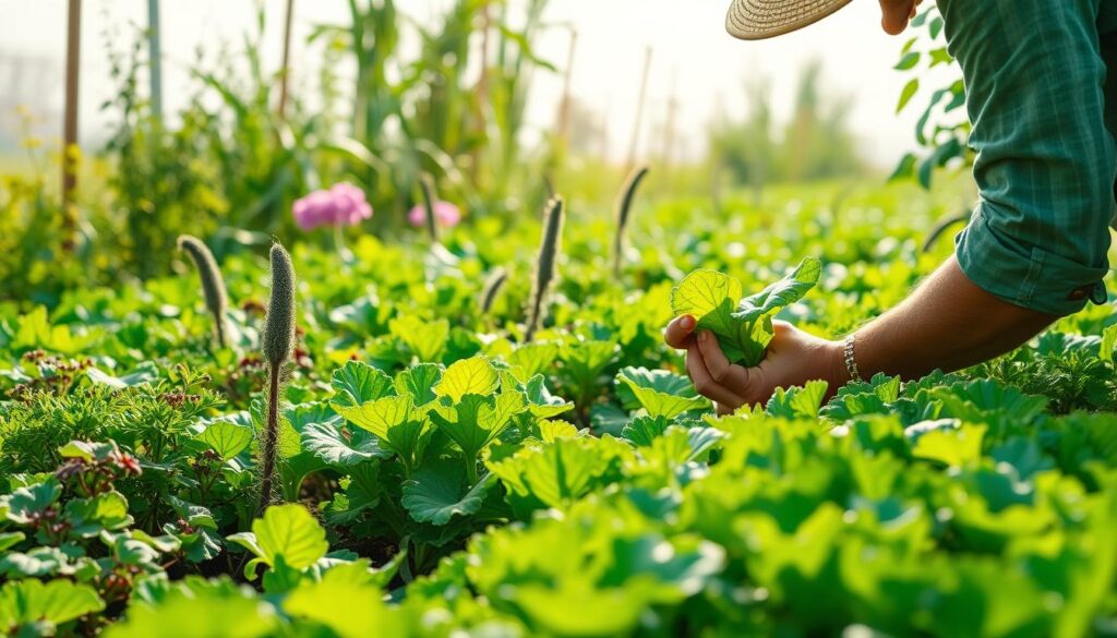 A lush, verdant garden teeming with vibrant, healthy plants. In the foreground, a farmer carefully inspects a leafy vegetable, examining it for any signs of disease or infestation. In the middle ground, a diverse array of companion plants, their different shapes and colors creating a visually striking tapestry. The background is dominated by a bright, diffused light, casting a warm, nurturing glow over the entire scene. The farmer's expression is one of calm concentration, their body language conveying a deep understanding of the delicate balance of natural systems. This is a scene of proactive, holistic disease prevention, where the farmer works in harmony with the land to ensure the long-term viability of their crops. A lush, verdant garden teeming with vibrant, healthy plants. In the foreground, a farmer carefully inspects a leafy vegetable, examining it for any signs of disease or infestation. In the middle ground, a diverse array of companion plants, their different shapes and colors creating a visually striking tapestry. The background is dominated by a bright, diffused light, casting a warm, nurturing glow over the entire scene. The farmer's expression is one of calm concentration, their body language conveying a deep understanding of the delicate balance of natural systems. This is a scene of proactive, holistic disease prevention, where the farmer works in harmony with the land to ensure the long-term viability of their crops.