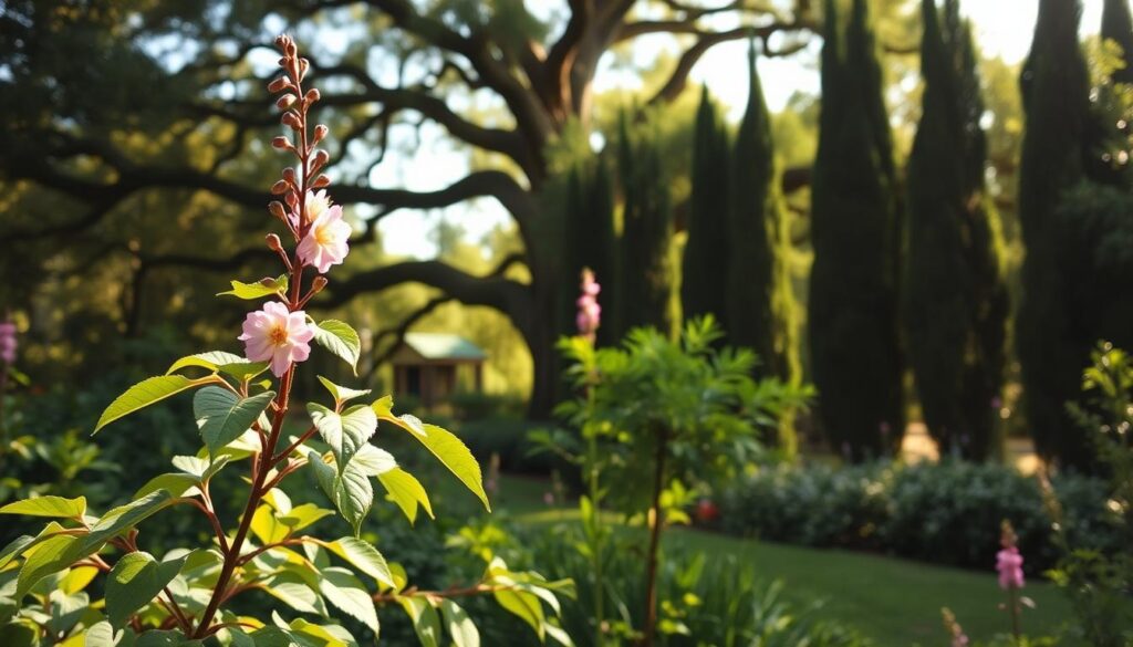 A lush, verdant garden with a focus on female, low-pollen trees. In the foreground, a graceful Eastern Redbud with its distinctive heart-shaped leaves and delicate pink blossoms. In the middle ground, a stately Live Oak casts a gentle shade, its broad canopy filtering the sunlight. In the background, a row of slender, towering Italian Cypress trees provide a serene, natural backdrop. The scene is bathed in soft, warm lighting, creating a tranquil and allergy-friendly atmosphere. The camera angle is slightly elevated, capturing the harmonious interplay of the tree species and their strategic placement. A lush, verdant garden with a focus on female, low-pollen trees. In the foreground, a graceful Eastern Redbud with its distinctive heart-shaped leaves and delicate pink blossoms. In the middle ground, a stately Live Oak casts a gentle shade, its broad canopy filtering the sunlight. In the background, a row of slender, towering Italian Cypress trees provide a serene, natural backdrop. The scene is bathed in soft, warm lighting, creating a tranquil and allergy-friendly atmosphere. The camera angle is slightly elevated, capturing the harmonious interplay of the tree species and their strategic placement.