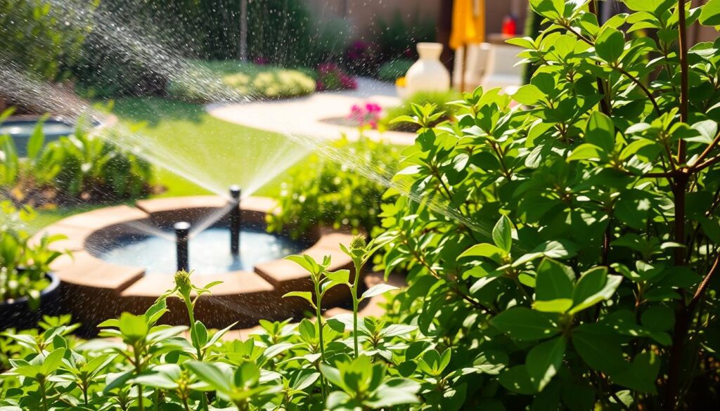 A lush, verdant garden with a thoughtfully designed irrigation system. In the foreground, delicate plants thrive under a gentle mist from strategically placed sprinklers, their leaves glistening with captured droplets. The mid-ground features a small, recirculating water feature, its calming sounds complementing the tranquil atmosphere. In the background, a sunlit patio with drought-tolerant landscaping showcases a range of vibrant, water-wise plants. Overhead, a warm, diffused lighting creates a serene, inviting ambiance, highlighting the garden's efficient water usage without compromising its natural beauty. A lush, verdant garden with a thoughtfully designed irrigation system. In the foreground, delicate plants thrive under a gentle mist from strategically placed sprinklers, their leaves glistening with captured droplets. The mid-ground features a small, recirculating water feature, its calming sounds complementing the tranquil atmosphere. In the background, a sunlit patio with drought-tolerant landscaping showcases a range of vibrant, water-wise plants. Overhead, a warm, diffused lighting creates a serene, inviting ambiance, highlighting the garden's efficient water usage without compromising its natural beauty.