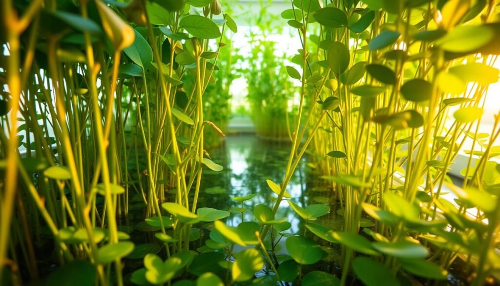 A lush, verdant hydroponic garden filled with vibrant, healthy water herbs. The foreground is dominated by a variety of leafy aquatic plants, their stems and leaves swaying gently in a softly lit, underwater environment. The middle ground features a shallow pool of crystal clear water, reflecting the plants above. In the background, a diffused natural light filters in, creating a serene, tranquil atmosphere. The lighting is soft and diffused, casting warm, natural shadows that accentuate the textures and shapes of the thriving water herbs. Captured with a wide-angle lens, this image conveys the beauty and importance of properly caring for water-loving plants. A lush, verdant hydroponic garden filled with vibrant, healthy water herbs. The foreground is dominated by a variety of leafy aquatic plants, their stems and leaves swaying gently in a softly lit, underwater environment. The middle ground features a shallow pool of crystal clear water, reflecting the plants above. In the background, a diffused natural light filters in, creating a serene, tranquil atmosphere. The lighting is soft and diffused, casting warm, natural shadows that accentuate the textures and shapes of the thriving water herbs. Captured with a wide-angle lens, this image conveys the beauty and importance of properly caring for water-loving plants.