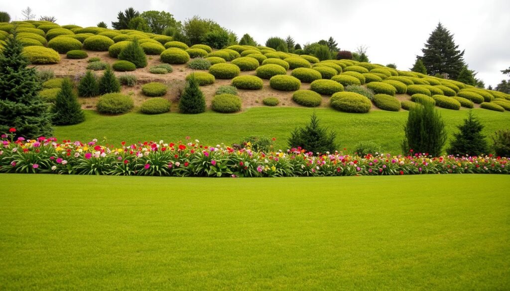 A lush, verdant landscape featuring a seamless blend of organic and synthetic elements. In the foreground, a meticulously manicured lawn with a subtle, natural-looking sheen, created by a harmonious mixture of organic and synthetic grass fibers. The middle ground showcases a vibrant border of thriving, hybrid flowers, their petals a tapestry of natural hues and synthetic pigments. In the background, a gently rolling hill is dotted with a patchwork of evergreen shrubs and trees, their foliage a harmonious dance of organic and engineered botanicals. Soft, diffused lighting filters through wispy clouds, casting a warm, natural glow over the scene. The overall impression is one of a carefully curated, yet naturalistic outdoor environment, where the lines between the natural and the synthetic have been skillfully blurred.