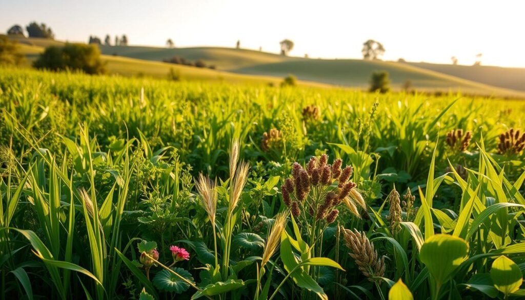 A lush, verdant landscape filled with a vibrant mix of cover crops, showcasing their diverse foliage and textures. In the foreground, a tapestry of grasses, legumes, and brassicas sway gently in a soft breeze, their leaves catching the warm, golden light of an afternoon sun. In the middle ground, clusters of crimson clover, hairy vetch, and oats intertwine, creating a harmonious blend of colors and forms. The background features a backdrop of rolling hills, dotted with the silhouettes of towering trees, lending a sense of depth and tranquility to the scene. The overall composition conveys the beauty and natural fertility of a well-designed cover crop mix, perfect for enhancing soil health and enriching a beginner's garden. A lush, verdant landscape filled with a vibrant mix of cover crops, showcasing their diverse foliage and textures. In the foreground, a tapestry of grasses, legumes, and brassicas sway gently in a soft breeze, their leaves catching the warm, golden light of an afternoon sun. In the middle ground, clusters of crimson clover, hairy vetch, and oats intertwine, creating a harmonious blend of colors and forms. The background features a backdrop of rolling hills, dotted with the silhouettes of towering trees, lending a sense of depth and tranquility to the scene. The overall composition conveys the beauty and natural fertility of a well-designed cover crop mix, perfect for enhancing soil health and enriching a beginner's garden.