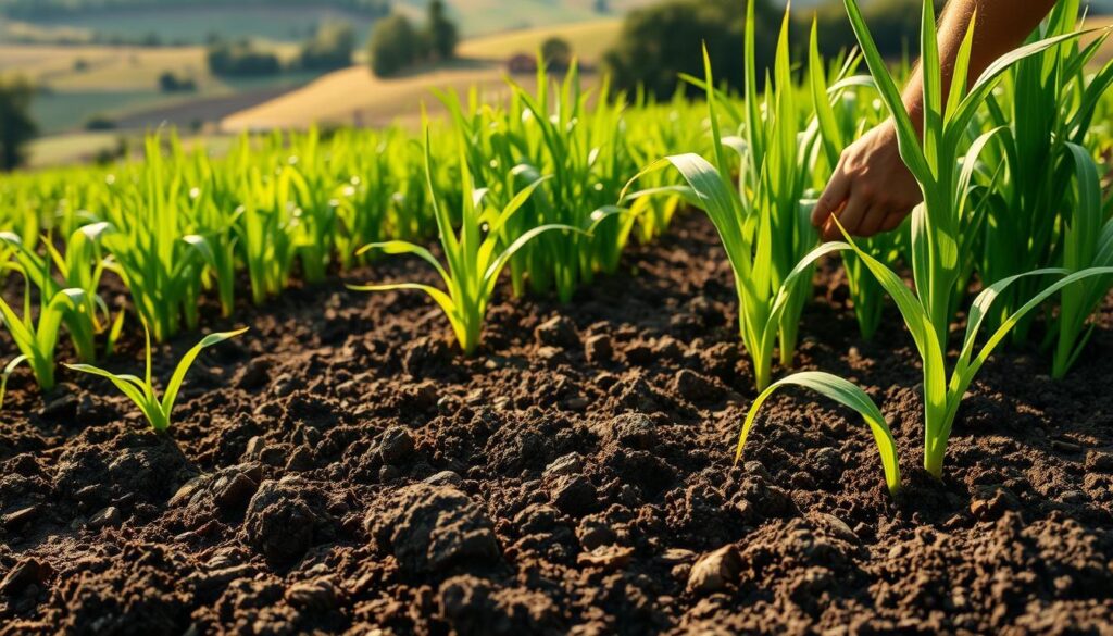 A lush, verdant landscape of freshly tilled soil, its dark, nutrient-rich surface glistening in the warm afternoon light. Tall, vibrant green cover crops sway gently, their leaves catching the soft, diffused sunlight. In the foreground, the soil's texture is clearly visible, its crumbly, loamy structure inviting the viewer to imagine the thriving microbial life within. In the middle ground, a farmer's hand carefully works the soil, smoothing and incorporating the green manure into the earth. The background reveals a bucolic rural setting, with rolling hills and a distant tree line framing the scene. The overall mood is one of abundance, vitality, and the symbiotic relationship between cultivated land and natural ecosystems. A lush, verdant landscape of freshly tilled soil, its dark, nutrient-rich surface glistening in the warm afternoon light. Tall, vibrant green cover crops sway gently, their leaves catching the soft, diffused sunlight. In the foreground, the soil's texture is clearly visible, its crumbly, loamy structure inviting the viewer to imagine the thriving microbial life within. In the middle ground, a farmer's hand carefully works the soil, smoothing and incorporating the green manure into the earth. The background reveals a bucolic rural setting, with rolling hills and a distant tree line framing the scene. The overall mood is one of abundance, vitality, and the symbiotic relationship between cultivated land and natural ecosystems.