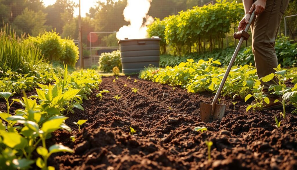 A lush, verdant landscape with a focus on a soil improvement method. In the foreground, a gardener carefully aerates the soil using a hand-held cultivator, exposing the dark, rich earth. Surrounding the gardener, a diverse array of cover crops and plants thrive, their vibrant leaves and stems reaching towards the sun. In the middle ground, a composter stands, steam gently rising from its contents as it breaks down organic matter. In the background, a thriving vegetable garden showcases the results of the soil improvement efforts, with rows of healthy, flourishing plants. The scene is illuminated by warm, natural lighting, conveying a sense of productivity and regeneration.