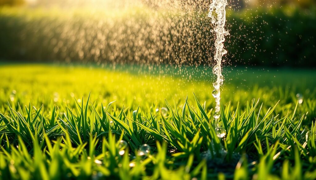 A lush, verdant lawn being gently watered by a sprinkler system, illuminated by warm afternoon sunlight. The sprinkler jets gracefully arc through the air, casting shimmering droplets that refract the light. Blades of grass sway softly in the mist, their deep green hues glistening with moisture. In the foreground, water bubbles up from the soil, nourishing the new grass seedlings that are just beginning to take root. The background fades into a blurred, hazy landscape, allowing the viewer to focus on the tranquil, replenishing scene of a lawn being tenderly cared for. A lush, verdant lawn being gently watered by a sprinkler system, illuminated by warm afternoon sunlight. The sprinkler jets gracefully arc through the air, casting shimmering droplets that refract the light. Blades of grass sway softly in the mist, their deep green hues glistening with moisture. In the foreground, water bubbles up from the soil, nourishing the new grass seedlings that are just beginning to take root. The background fades into a blurred, hazy landscape, allowing the viewer to focus on the tranquil, replenishing scene of a lawn being tenderly cared for.