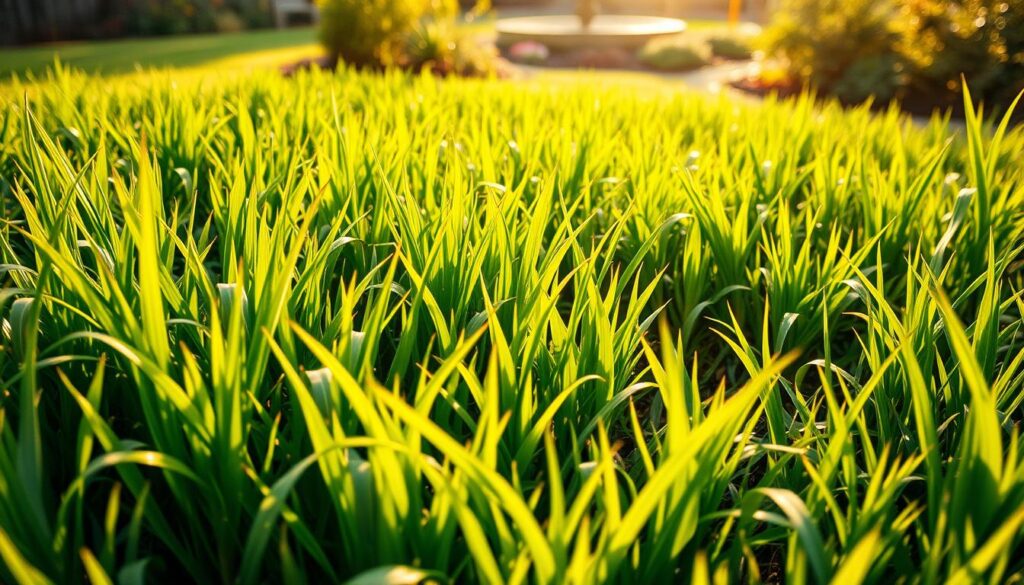 A lush, verdant lawn fills the frame, its blades of grass standing tall and vibrant. In the foreground, a variety of healthy, thriving plants crowd out the area, their leaves and stems creating a dense, weed-resistant cover. Warm, golden sunlight filters through, casting a natural, inviting glow across the scene. The middle ground reveals a well-maintained, nutrient-rich soil, free of any signs of crabgrass or other unwanted vegetation. In the background, a picturesque garden or landscaped area adds depth and context, complementing the overall healthy, thriving appearance of the lawn. The image conveys a sense of balance, resilience, and a successful, year-round strategy for preventing crabgrass without the use of herbicides. A lush, verdant lawn fills the frame, its blades of grass standing tall and vibrant. In the foreground, a variety of healthy, thriving plants crowd out the area, their leaves and stems creating a dense, weed-resistant cover. Warm, golden sunlight filters through, casting a natural, inviting glow across the scene. The middle ground reveals a well-maintained, nutrient-rich soil, free of any signs of crabgrass or other unwanted vegetation. In the background, a picturesque garden or landscaped area adds depth and context, complementing the overall healthy, thriving appearance of the lawn. The image conveys a sense of balance, resilience, and a successful, year-round strategy for preventing crabgrass without the use of herbicides.