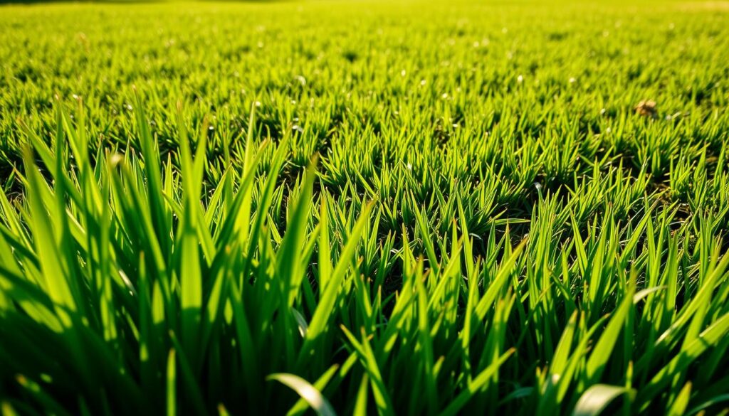 A lush, verdant lawn in close-up, showcasing the contrast between healthy and over-fertilized grass. In the foreground, vibrant green blades stand tall, while in the middle ground, patches of overly thick, unnaturally dark and dense grass dominate. The background reveals a wider view of the lawn, with areas of stunted, yellowing growth. Warm, directional lighting casts dramatic shadows, emphasizing the textural differences. The composition draws the eye to the problematic zones, inviting the viewer to explore the nuances of over-fertilization. A sense of balance is maintained, hinting at the potential for restoration.