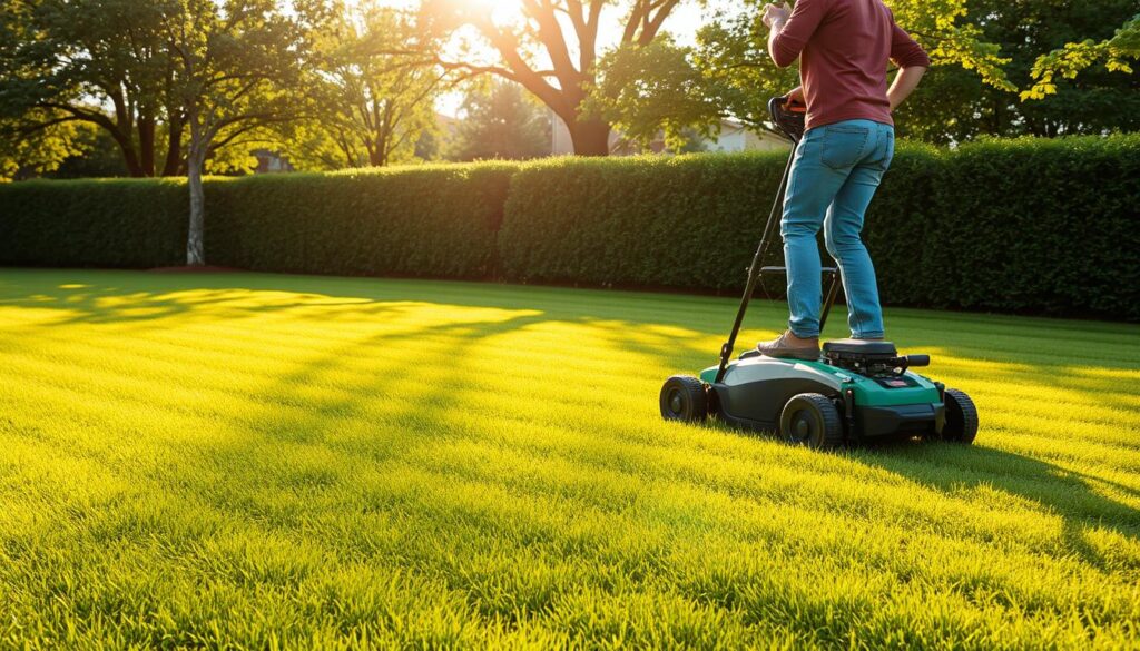 A lush, verdant lawn sprawls across the frame, meticulously mowed with clean, parallel lines. In the foreground, a skilled landscaper guides a high-powered lawnmower, its blades whirring and clipping the grass with precision. Sunlight filters through leafy trees in the middle ground, casting a warm, golden glow over the scene. In the background, a well-maintained hedge frames the composition, hinting at a well-organized, thriving lawn care business. The overall atmosphere conveys a sense of professionalism, efficiency, and pride in delivering exceptional lawn care services.