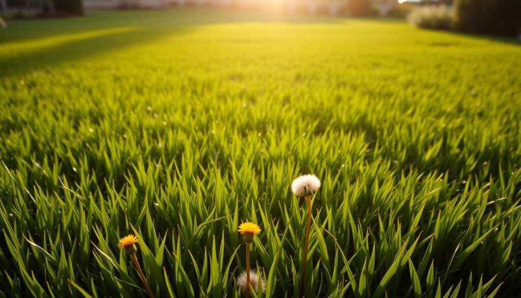 A lush, verdant lawn under the warm glow of a late afternoon sun. The blades of grass sway gently in a soft breeze, their tips catching the light and creating a rippling pattern across the expanse. In the foreground, a few stray dandelion flowers dot the scene, their cheerful yellow petals a vibrant contrast against the deep green backdrop. The lawn stretches out to the horizon, framed by the distant silhouettes of trees and shrubs, creating a sense of peaceful, natural tranquility. The overall mood is one of restorative calm, inviting the viewer to imagine themselves strolling through this idyllic setting.