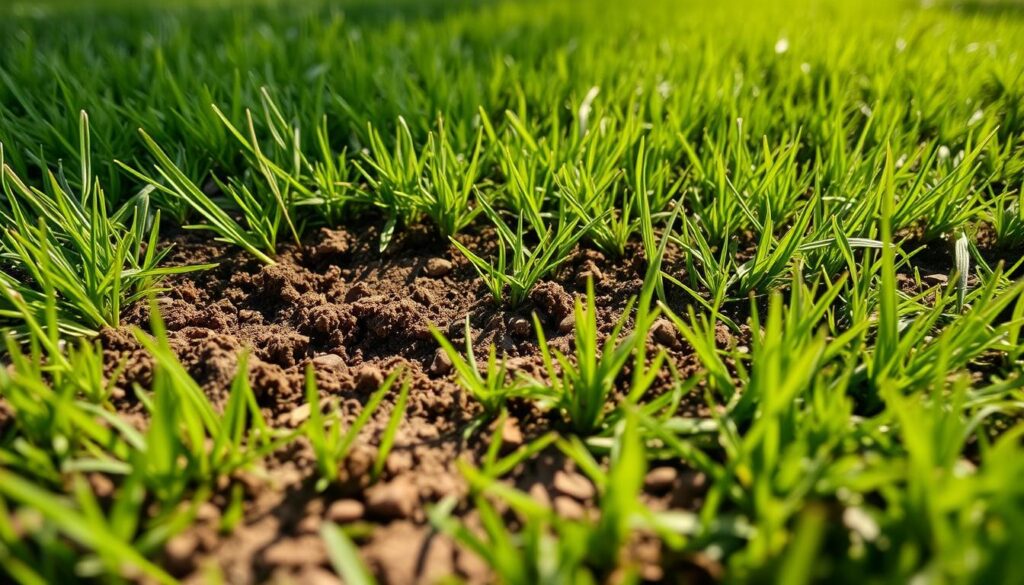 A lush, verdant lawn with a cluster of bare soil patches in the foreground. The patches reveal the underlying soil, exposing the need for reseeding and overseeding. The image is captured from a low, ground-level perspective, accentuating the texture and composition of the soil and grass. Warm, natural lighting filters through, casting soft shadows and highlighting the details of the seed contact with the earth. The overall scene conveys a sense of regrowth and restoration, setting the stage for the article's focus on addressing compaction and reviving an even, healthy lawn.