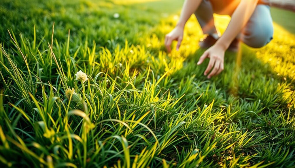 A lush, verdant lawn with crabgrass infestation in the foreground, viewed from a low angle. The crabgrass plants are prominent, their distinctive fan-shaped leaves and wiry stems clearly visible. In the middle ground, a gardener kneels, hand-pulling the crabgrass with determination. Rays of warm, golden sunlight filter through the scene, casting soft shadows. The background features a well-maintained, healthy lawn, hinting at the desired outcome. The overall mood is one of a gardener's perseverance and the promise of a crabgrass-free, thriving lawn through manual removal. A lush, verdant lawn with crabgrass infestation in the foreground, viewed from a low angle. The crabgrass plants are prominent, their distinctive fan-shaped leaves and wiry stems clearly visible. In the middle ground, a gardener kneels, hand-pulling the crabgrass with determination. Rays of warm, golden sunlight filter through the scene, casting soft shadows. The background features a well-maintained, healthy lawn, hinting at the desired outcome. The overall mood is one of a gardener's perseverance and the promise of a crabgrass-free, thriving lawn through manual removal.