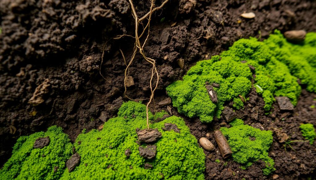 A lush, verdant soil surface with a vibrant, textured topsoil. Layers of rich, dark humus intertwine with loamy, mineral-rich soil, creating a dynamic and nutrient-dense foundation. Delicate strands of fibrous roots peek through the surface, indicating a thriving ecosystem teeming with microbial life. Soft, diffuse lighting illuminates the scene, casting gentle shadows and highlights that accentuate the soil's intricate structure. The overall atmosphere is one of fertile, rejuvenating potential, inviting the viewer to imagine the abundance that could arise from this nurturing ground. A lush, verdant soil surface with a vibrant, textured topsoil. Layers of rich, dark humus intertwine with loamy, mineral-rich soil, creating a dynamic and nutrient-dense foundation. Delicate strands of fibrous roots peek through the surface, indicating a thriving ecosystem teeming with microbial life. Soft, diffuse lighting illuminates the scene, casting gentle shadows and highlights that accentuate the soil's intricate structure. The overall atmosphere is one of fertile, rejuvenating potential, inviting the viewer to imagine the abundance that could arise from this nurturing ground.