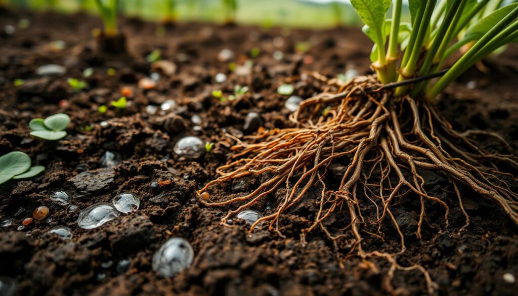 A lush, verdant soil with visible pockets of moisture, captured in a close-up, macro-style photograph. The foreground displays the rich, dark earth teeming with life, its surface glistening with droplets of water. The middle ground reveals the intricate network of roots and fungal filaments, interwoven and thriving in the moist environment. In the background, a blurred, out-of-focus landscape suggests the broader context of the fertile, nourishing soil. Soft, diffused lighting illuminates the scene, creating a warm, inviting atmosphere that emphasizes the importance of maintaining consistent soil moisture and nutrient balance for healthy plant growth.