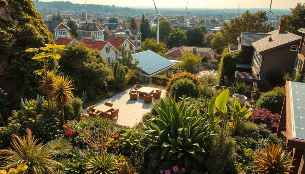 A lush, verdant solarpunk garden nestled in a vibrant, thriving community. In the foreground, a diverse array of native flora and fauna, meticulously curated to create a harmonious, self-sustaining ecosystem. The middle ground features a central gathering space, with comfortable seating arrangements and a focus on renewable energy sources, such as solar panels and wind turbines, seamlessly integrated into the landscape. In the background, a panoramic view of the surrounding neighborhood, showcasing the integration of sustainable architecture and green infrastructure. Warm, natural lighting bathes the scene, creating a sense of tranquility and a connection to the natural world. The overall atmosphere conveys a vision of a future where humanity and nature coexist in a symbiotic relationship, with a focus on environmental stewardship and community resilience.