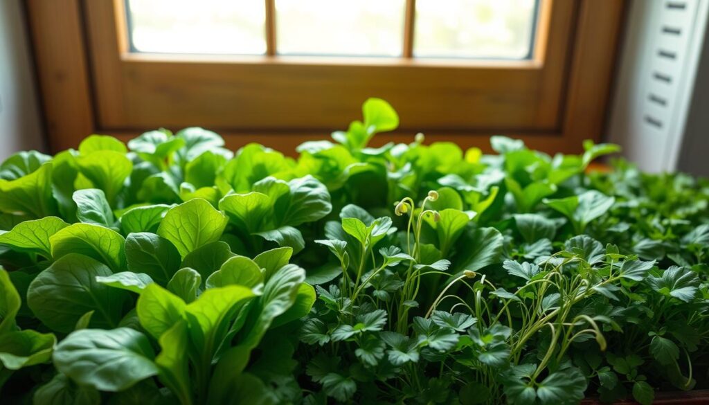 A lush, verdant window box overflows with an abundant harvest of fresh salad greens. In the foreground, vibrant leaves of romaine, kale, and spinach sway gently in the soft, diffused light filtering through the windowpane. The middle ground showcases a variety of delicate microgreens, their delicate tendrils reaching upwards. In the background, the window frame provides a natural boundary, framing the scene with a warm, wooden tone. The overall mood is one of nourishment, tranquility, and the rewarding effort of tending to a thriving indoor garden. Crisp, even lighting illuminates the scene, captured with a medium-wide angle lens to showcase the full depth of the window box.