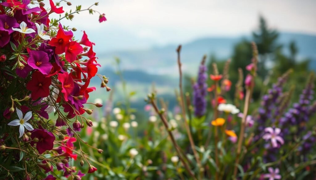 A lush, vibrant bouquet of wild, untamed flowers cascading across the frame. In the foreground, a medley of colorful petals - passionate reds, deep purples, delicate whites - sway gently in the soft, natural light. The middle ground reveals a tangle of leafy stems and budding blossoms, hinting at the abundance of the floral display. In the background, a blurred, atmospheric landscape sets the scene, creating a sense of depth and tranquility. The overall composition conveys a sense of unrestrained, untamed beauty - a stark contrast to the rigid, controlled appearance of carefully cultivated herb gardens. This image evokes the essence of letting herbs flower freely, celebrating their natural, untamed essence. A lush, vibrant bouquet of wild, untamed flowers cascading across the frame. In the foreground, a medley of colorful petals - passionate reds, deep purples, delicate whites - sway gently in the soft, natural light. The middle ground reveals a tangle of leafy stems and budding blossoms, hinting at the abundance of the floral display. In the background, a blurred, atmospheric landscape sets the scene, creating a sense of depth and tranquility. The overall composition conveys a sense of unrestrained, untamed beauty - a stark contrast to the rigid, controlled appearance of carefully cultivated herb gardens. This image evokes the essence of letting herbs flower freely, celebrating their natural, untamed essence.