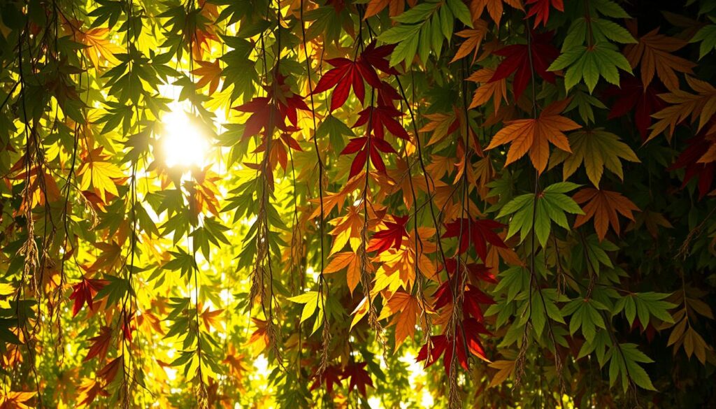 A lush, vibrant canopy of leaves cascades down, illuminated by warm, golden sunlight filtering through. The leaves, rendered in exquisite detail, showcase a diverse array of shapes, sizes, and hues - from delicate, feathery greens to bold, autumnal shades of amber and crimson. The composition is balanced, with the leaves occupying the foreground and middle ground, creating a sense of depth and inviting the viewer to appreciate the beauty and abundance of nature's bounty. The overall mood is one of serenity and appreciation for the sustainable, root-to-stem approach to cooking and living.