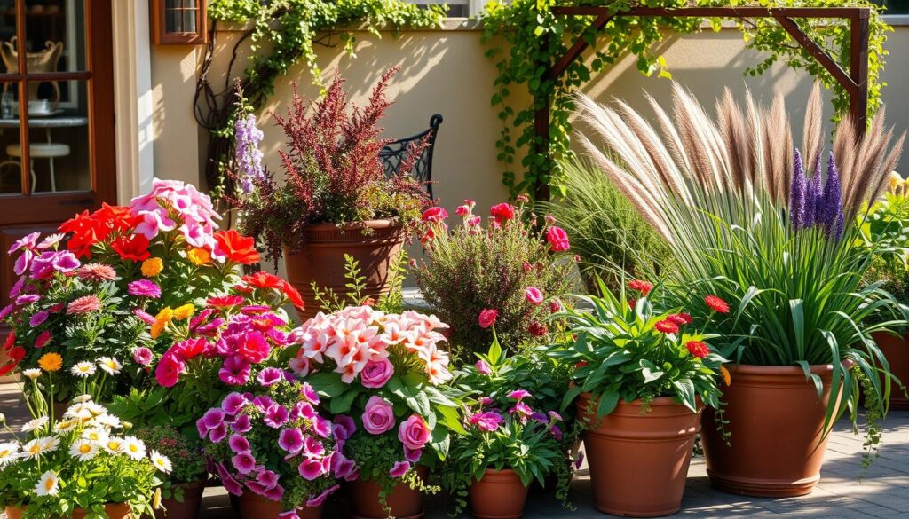 A lush, vibrant container garden arrangement on a sun-dappled patio, showcasing a harmonious blend of flowering plants, foliage, and trailing vines tailored for optimal growth in various U.S. climate zones. The foreground features a mix of colorful annuals and perennials spilling over the edges of terracotta pots, while the middle ground presents a variety of container-friendly shrubs and ornamental grasses. In the background, a trellis supports a climbing vine, casting gentle shadows and adding depth and texture to the scene. The lighting is warm and natural, creating a serene, welcoming atmosphere that invites exploration of the patio-perfect container garden combinations suitable for diverse U.S. growing conditions. A lush, vibrant container garden arrangement on a sun-dappled patio, showcasing a harmonious blend of flowering plants, foliage, and trailing vines tailored for optimal growth in various U.S. climate zones. The foreground features a mix of colorful annuals and perennials spilling over the edges of terracotta pots, while the middle ground presents a variety of container-friendly shrubs and ornamental grasses. In the background, a trellis supports a climbing vine, casting gentle shadows and adding depth and texture to the scene. The lighting is warm and natural, creating a serene, welcoming atmosphere that invites exploration of the patio-perfect container garden combinations suitable for diverse U.S. growing conditions.