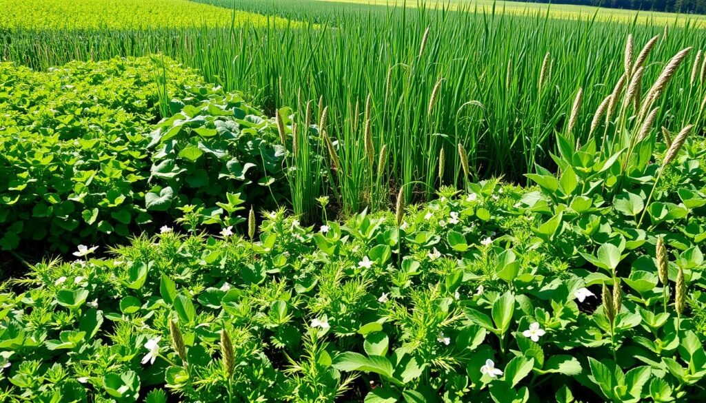 A lush, vibrant garden filled with a diverse array of cover crops, their leafy foliage gently swaying in the warm, dappled sunlight. In the foreground, a thick carpet of nutrient-rich clover and vetch spills over the soil, their delicate flowers adding pops of color. The middle ground features towering stands of annual rye and winter wheat, their tall stalks creating a natural, undulating rhythm. In the background, a verdant backdrop of sprawling cover crop patches, their deep roots enriching the earth with essential nutrients. The scene exudes a sense of harmony and balance, showcasing the powerful, natural fertility-boosting abilities of a well-planned cover crop garden. A lush, vibrant garden filled with a diverse array of cover crops, their leafy foliage gently swaying in the warm, dappled sunlight. In the foreground, a thick carpet of nutrient-rich clover and vetch spills over the soil, their delicate flowers adding pops of color. The middle ground features towering stands of annual rye and winter wheat, their tall stalks creating a natural, undulating rhythm. In the background, a verdant backdrop of sprawling cover crop patches, their deep roots enriching the earth with essential nutrients. The scene exudes a sense of harmony and balance, showcasing the powerful, natural fertility-boosting abilities of a well-planned cover crop garden.