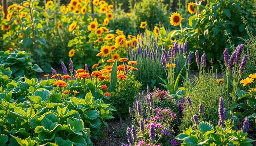 A lush, vibrant garden filled with companion plants thriving in natural harmony. In the foreground, rows of leafy vegetables, herbs, and flowers stand side by side, their colors and shapes complementing each other. In the middle ground, a cluster of aromatic plants like marigolds, basil, and lavender create a natural pest deterrent, their fragrance wafting through the air. In the background, a tapestry of diverse foliage, from tall sunflowers to sprawling vines, attracts a symphony of pollinators, their gentle hums and fluttering wings adding to the serene atmosphere. The scene is bathed in warm, golden light, casting a soft, inviting glow over the entire composition. A harmonious, pesticide-free garden, teeming with life and vibrant with the fruits of thoughtful companion planting. A lush, vibrant garden filled with companion plants thriving in natural harmony. In the foreground, rows of leafy vegetables, herbs, and flowers stand side by side, their colors and shapes complementing each other. In the middle ground, a cluster of aromatic plants like marigolds, basil, and lavender create a natural pest deterrent, their fragrance wafting through the air. In the background, a tapestry of diverse foliage, from tall sunflowers to sprawling vines, attracts a symphony of pollinators, their gentle hums and fluttering wings adding to the serene atmosphere. The scene is bathed in warm, golden light, casting a soft, inviting glow over the entire composition. A harmonious, pesticide-free garden, teeming with life and vibrant with the fruits of thoughtful companion planting.